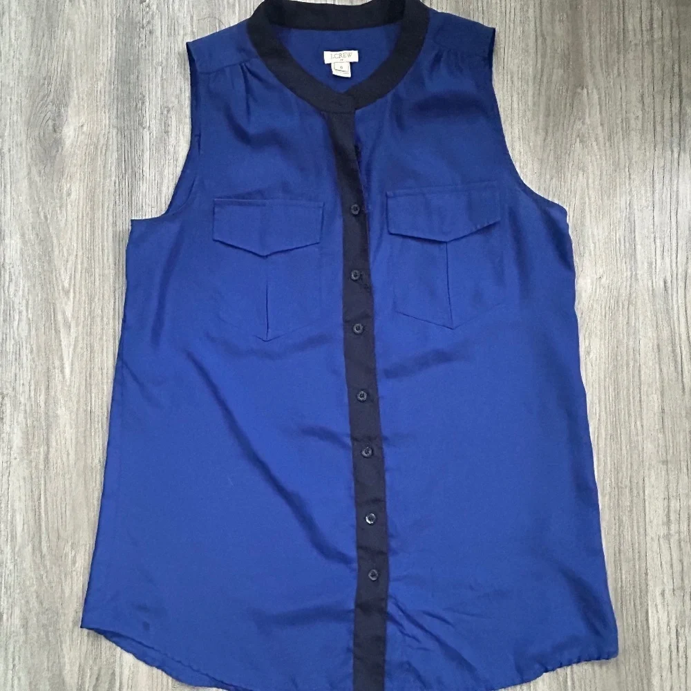 J Crew Women's Sz 6 Blue w/ Black Sleeveless Blouse Sz 6